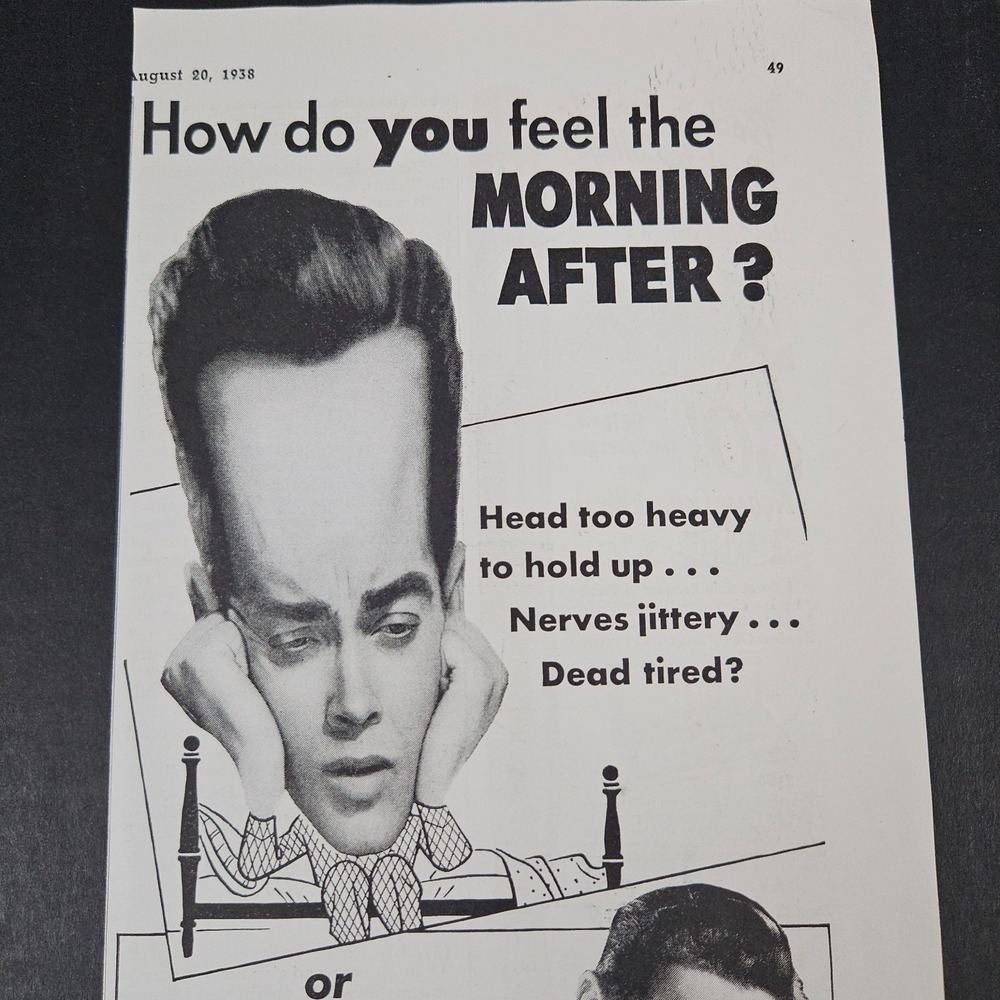 1938 Emerson's Bromo-Seltzer Vintage Print Ad Morning After Alkalizes Headaches